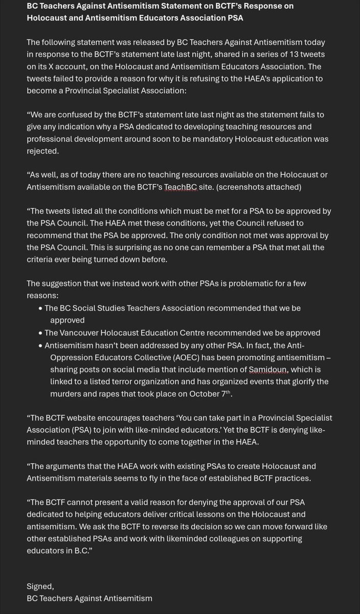 nicoslobinsky's tweet image. Please see below for the BC Teachers Against Antisemitism statement. You will notice that they have not signed the statement with their names. They are feeling increasingly erased by their union. #bcpoli #bced