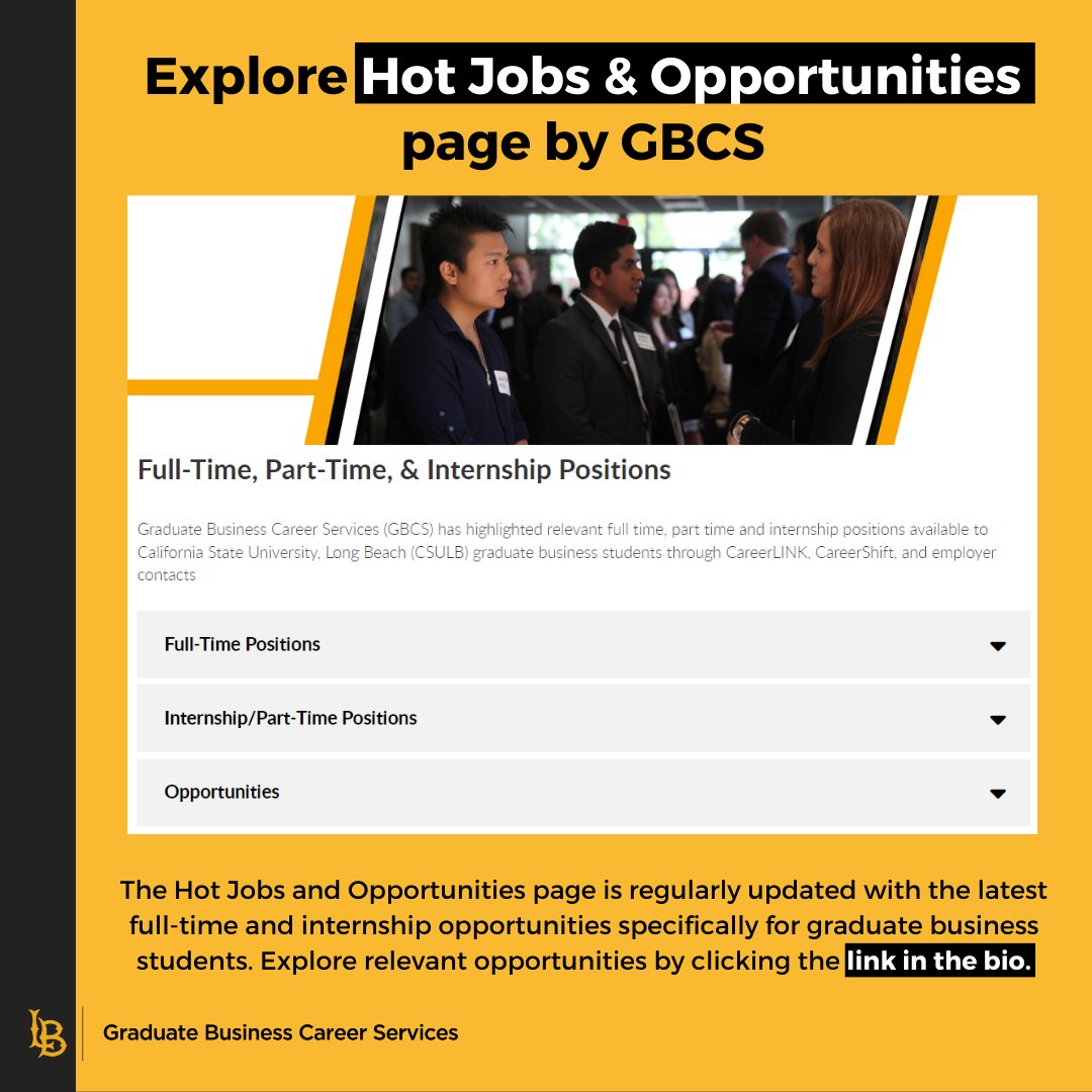 csulbgradbus's tweet photo. Looking for job opportunities? 🕵️♂️ Check out Hot Jobs & Opportunities by GBCS! 💼 Full-time, part-time, and internship positions specifically curated for CSULB graduate business students. 🔍 Link in Bio - GBCS Career Resources Links.
#csulbGBCS #CSULB #JobOpportunities #GBCS https://t.co/YNEcyuRAVo