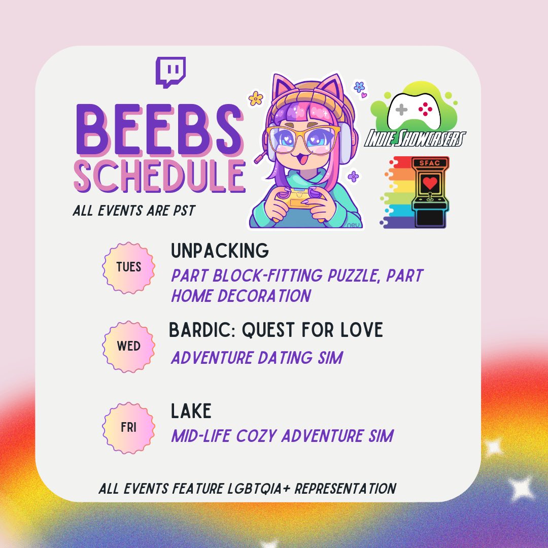 dabbinbeebs's tweet photo. I am so excited for the Queer Indie Game Showcase charity event going on next week with @IndieShowcasers and @Streamcause 🥹

🌈 Mon: Jujutsu Kaisen @ 6pm in Discord
🩷 Tues: @UnpackingALife by @witchbeangames
💛 Wed: Bardic: Quest for Love by @BreadworkGames 
🩵 Fri: Lake by @gamious

There’s some fun milestones (including me changing my hair color!!) and even a raffle! More information is in my Discord 💖 

Link to join in my comments ⬇️ 🌈