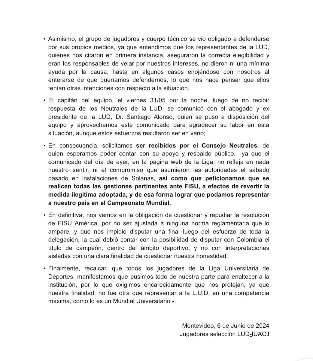 COMUNICADO SELECCIÓN LUD-IUACJ, CON RESPECTO A LO OCURRIDO EN EL FISU AMERICA FUTBOL 11
<a href="/FISU/">FISU</a> <a href="/LUD_Oficial/">Liga Universitaria de Deportes</a> <a href="/Stoian_Cristoff/">Stoian Cristoff</a> <a href="/TodoligaTV/">TodoligaTV</a>