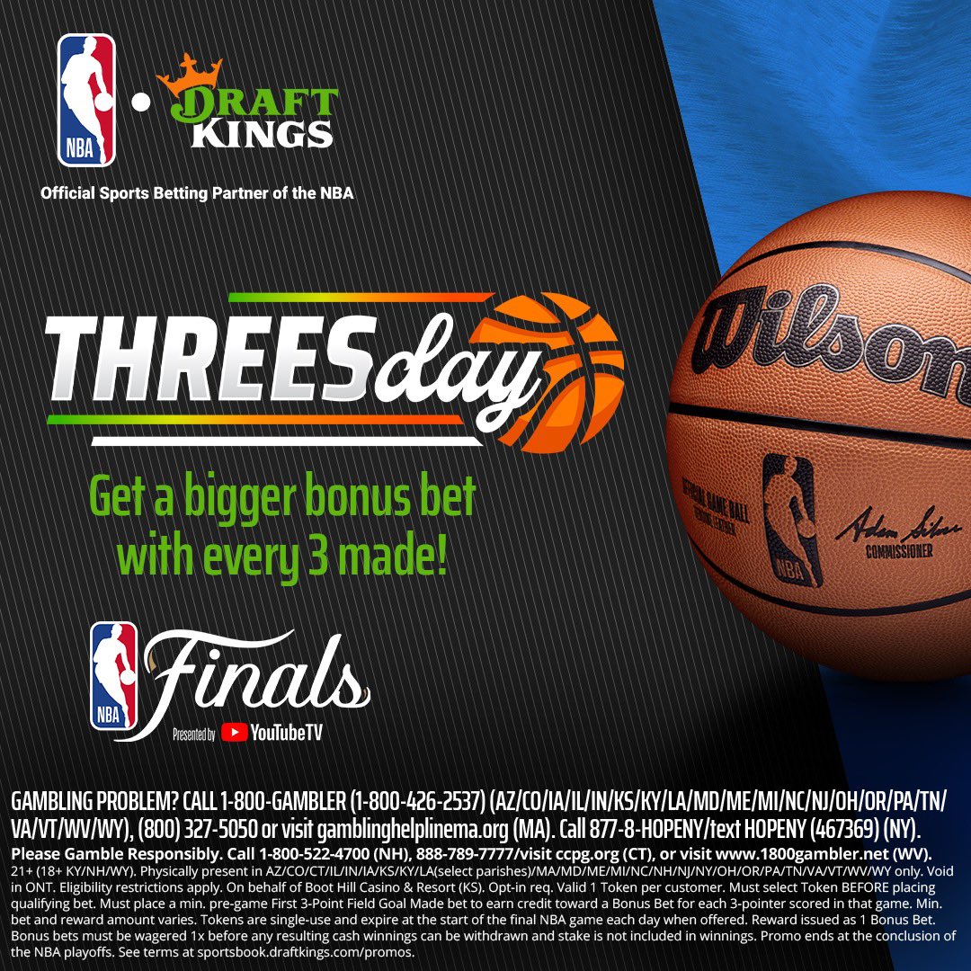 Threesday is back at @DkSportsbook for Game 1!

Make a bet on who will score the first three pointer tonight and earn a bonus bet for every made three in the game! #DKPartner