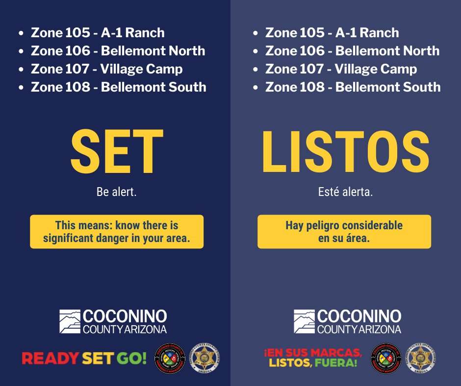 CoconinoCounty's tweet photo. From Coconino County Sheriff's Office and Coconino County Emergency Management:
 
Due to wildfire on Camp Navajo Army Depot, following areas are placed in 🟨SET🟨 status: 

- Zone 105 - A-1 Ranch,
- Zone 106 - Bellemont North 
- Zone 107 - Village Camp
- Zone 108 - Bellemont South.

🟨 SET- BE ALERT 🟨

• Residents should consider voluntarily relocating to a shelter or with family/friends outside the affected area. 
• Grab your emergency go kit.
• Keep in mind unique needs for your family or special equipment for pets and livestock.
• Stay aware of the latest news and information from public safety officials.  

Be SET to GO.