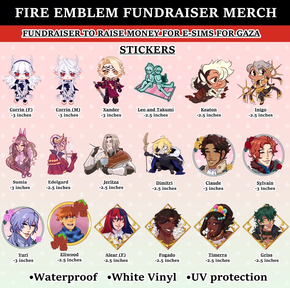 pumpkinperyton's tweet image. Hi, everyone!  

I am holding a sticker fundraiser for E-sims for Palestinians in Gaza!  Several artists have collaborated to create Fire Emblem stickers for this fundraiser!

Pre-orders are from 6/6/24 - 6/19/24!  

🍉Store: lemonboba.com 

(RT's are appreciated!)