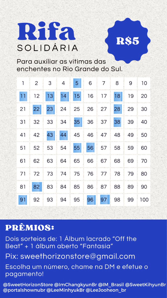 ‼️⚠️ MONBEBES ⚠️‼️ 

Ainda tem bastante número para escolherem! Lembrando que essa rifa é para ajudar as vítimas do Rio Grande do Sul e vocês também vão estar concorrendo a dois sorteios dos álbuns Off The Beat e FANTASIA X.

Mais informações abaixo ⬇️