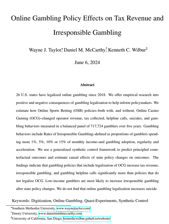 New working paper: "Online Gambling Policy Effects on Tax Revenue and Irresponsible Gambling"

Comments solicited!

Download here: drive.google.com/file/d/10Hq1j7…

with wayne taylor &amp; @d_mccar