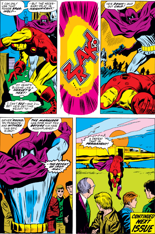 MarvelADay's tweet photo. #MarvelADay #IM60 Iron Man is weakened to the point where another blast knocks him out cold. Our cliffhanger, peasants! Be here tomorrow as the story continues! - VA https://t.co/uIbbTyCoFx