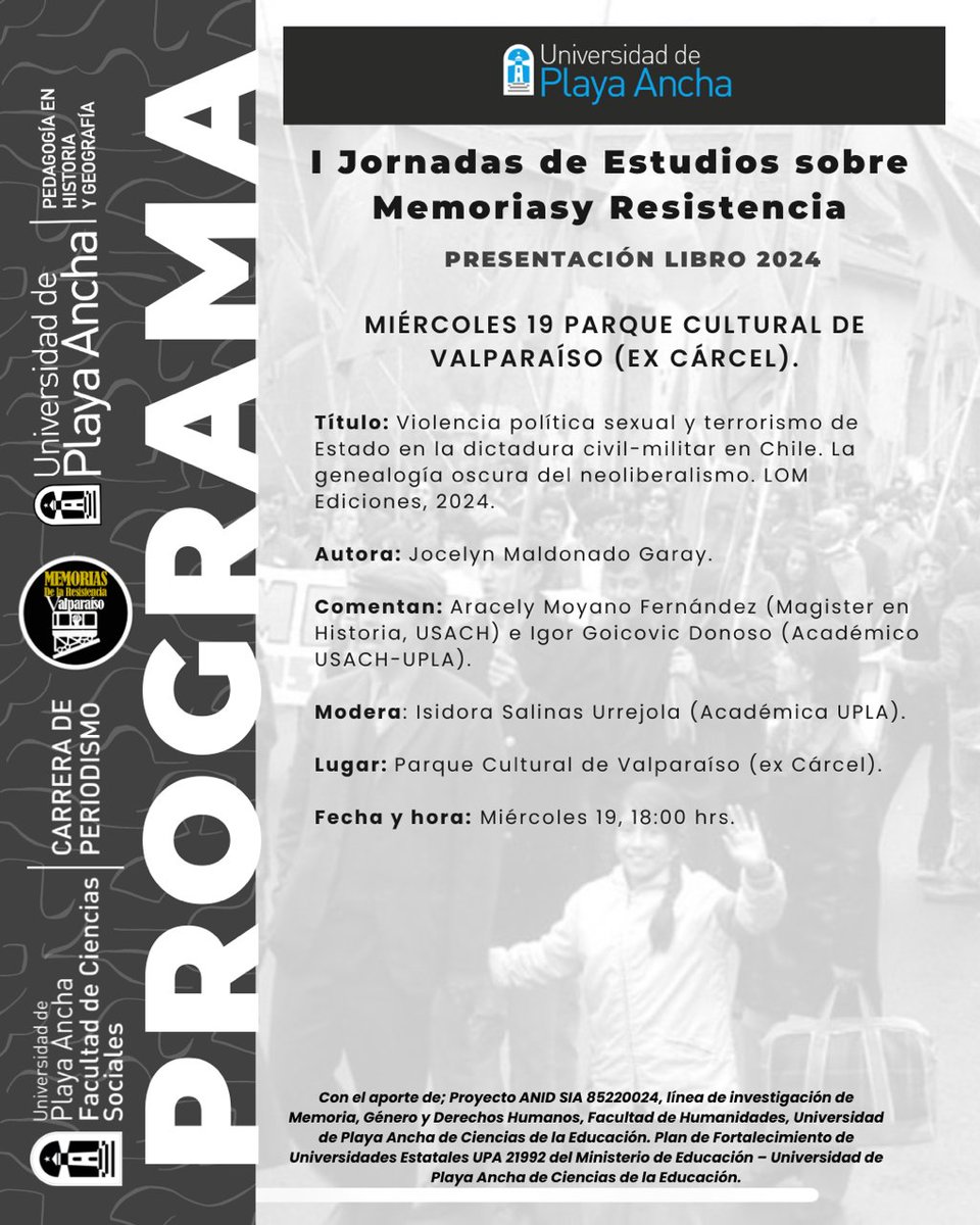 nucleomrv's tweet photo. 🔔 ¡El próximo 18 y 19 de Junio se vienen nuestras I Jornadas de estudios sobre Memorias y Resistencia.!
📍Casa Central de la Universidad de Playa Ancha (Facultad de Ciencias Sociales), Sala Víctor Silva Echeto
📍Desde las 09:00 hasta las 17:00.
👉🏻 ¡Te esperamos!
#ddhh #memoria https://t.co/3k5VwknZGU