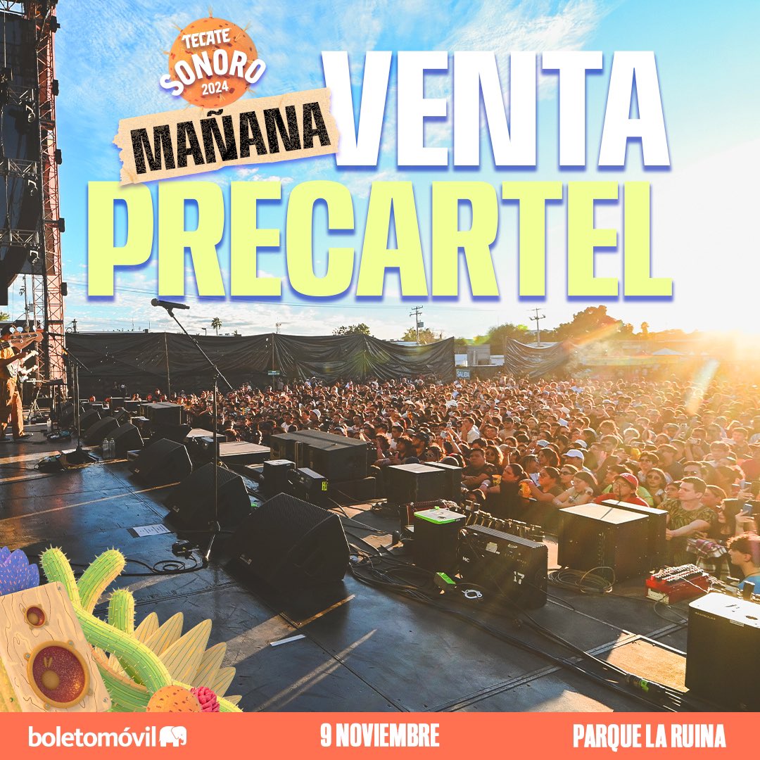¡Prepárate! 💫 Mañana es la VENTA PRECARTEL de #TecateSonoro 🕺🏻

🌵 Viernes 7 de Junio a través de BoletoMóvil