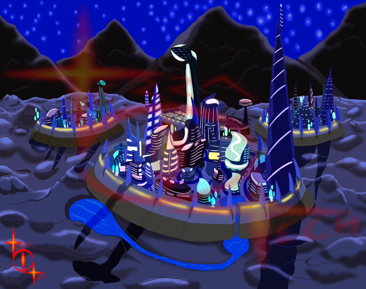 GeekyTerra's tweet photo. Spirelock City at night! #Digitalart #landscapeart #Mountainscape #Cityscape #futuristic_city #night_time #The_Haven https://t.co/UJmcRUa4ID