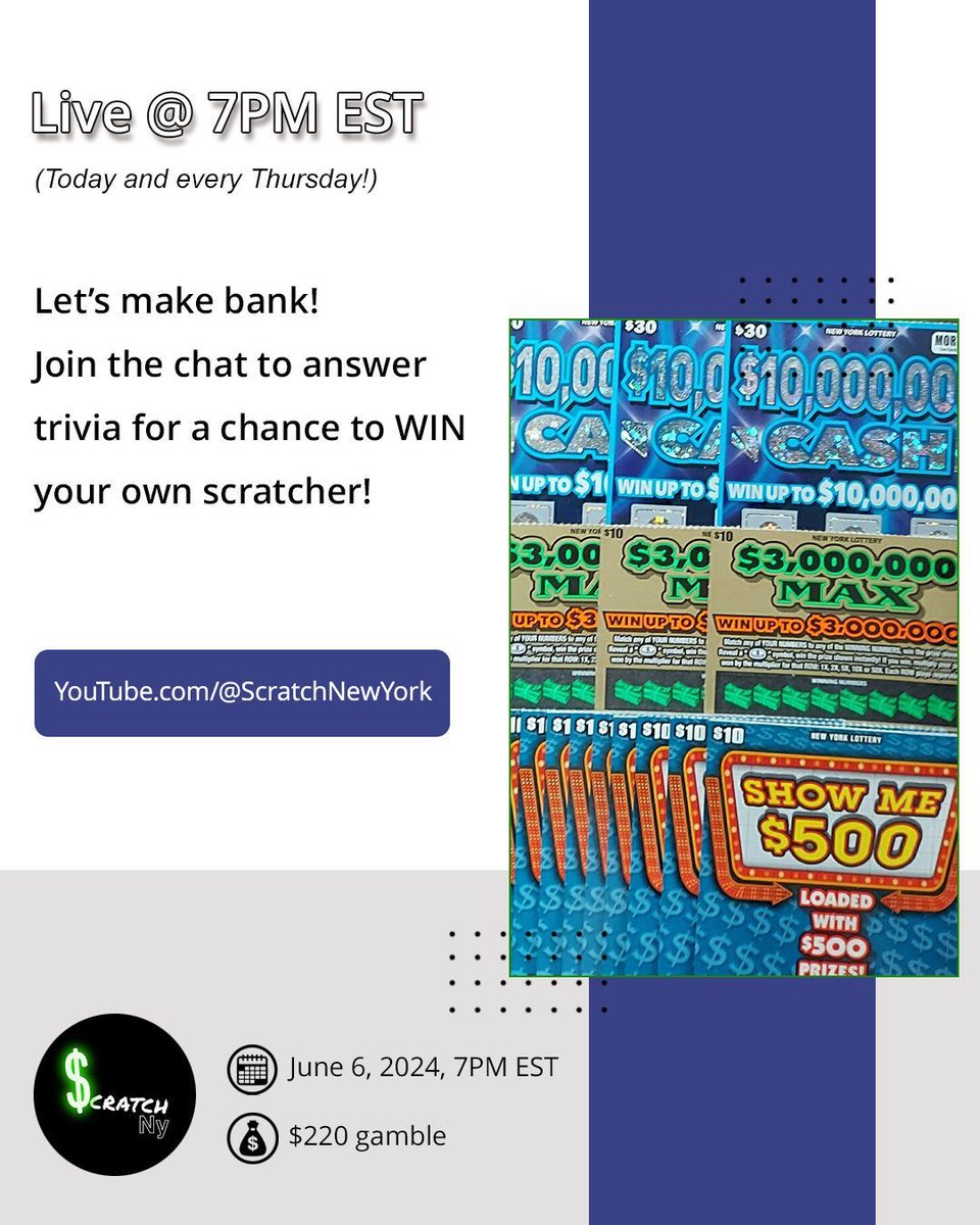 ScratchNewYork's tweet photo. Come on, June! Let's start off with some CASH. Visit https://t.co/ReS9fSZUyI. 

#lotteryscratchers #nylottery #scratchtickets #scratchticket #scratchcards  #lotteryticket #scratchoff #scratchers #gambling #multiplier  #scratchoffcards #scratchofftickets #livestream https://t.co/iAyxrBjuBW