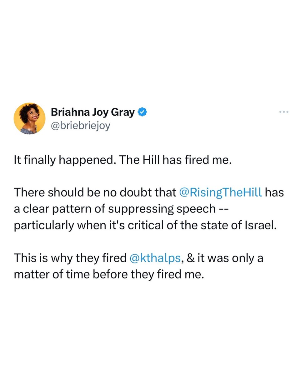 yashar's tweet image. NEWS 

Briahna Joy Gray says she’s been fired by the Hill.