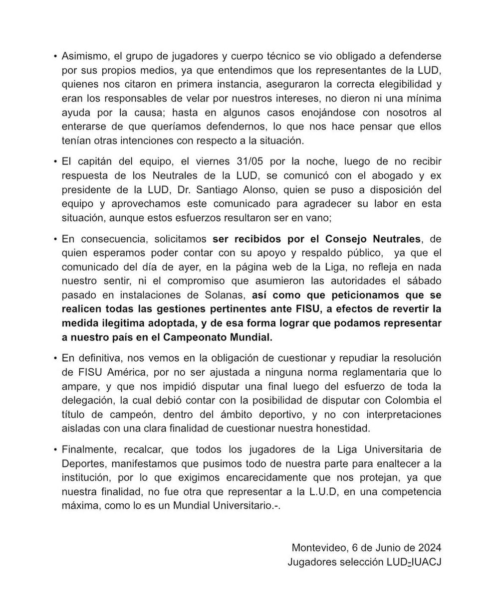 Comunicado de los jugadores de la Selección LUD-IUACJ luego de lo ocurrido los pasados días en los FISU América 11:
