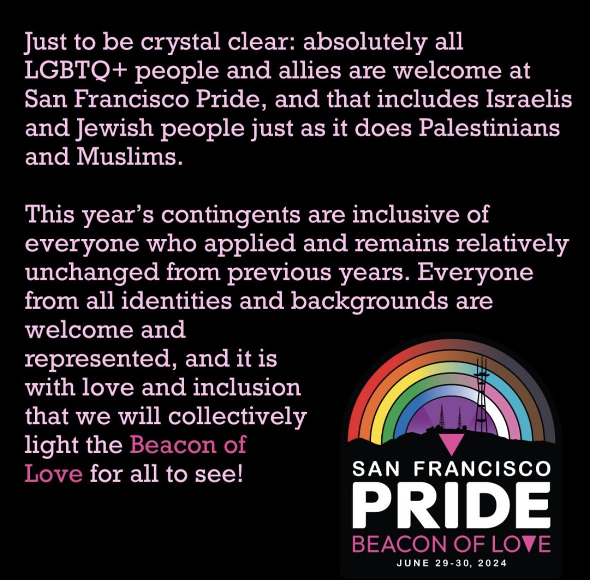 UPDATE: San Francisco Pride releases statement welcoming all to Pride

JCRC appreciates <a href="/SFPride/">San Francisco Pride</a> clarifying their position which affirmed that LGBTQ+ Jews, Israelis, and allies are welcome at Pride. All LGBTQ+ people, regardless of religion, nationality, race, ability, or creed,