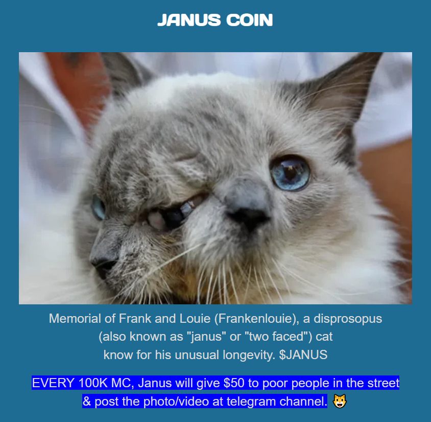 januscoinsol's tweet photo. EVERY 100K MC, Janus will give $50 to poor people in the street
&amp; post the photo/video at telegram channel 😺
$JANUS $Januscoin $Januscatcoin https://t.co/DobLcNtnEy