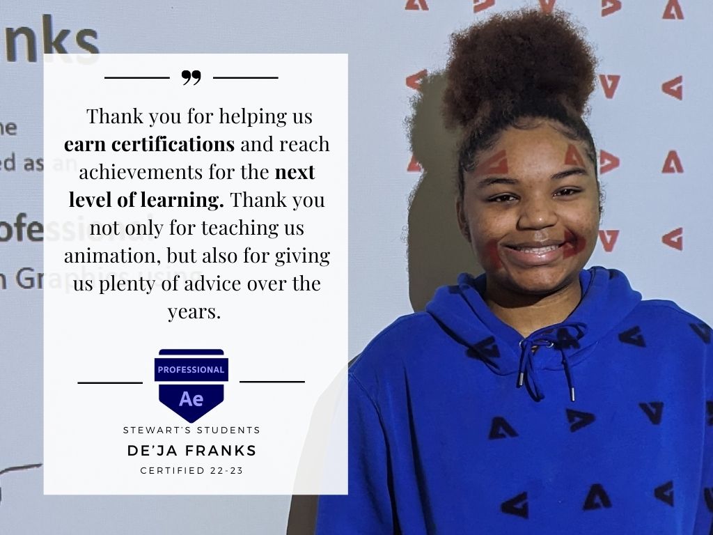 Stewdious21's tweet photo. Stewdious Students Success Stories! 
Thanks to 
@Certiport
and
@LearnKey
for the systematic Learning Management Process for the various
@Adobe
products! Special thanks to Keith German
@findmesoftware
and
@AntonioRios2025
for the continued support! #Stewdious https://t.co/DXYx6b65cv