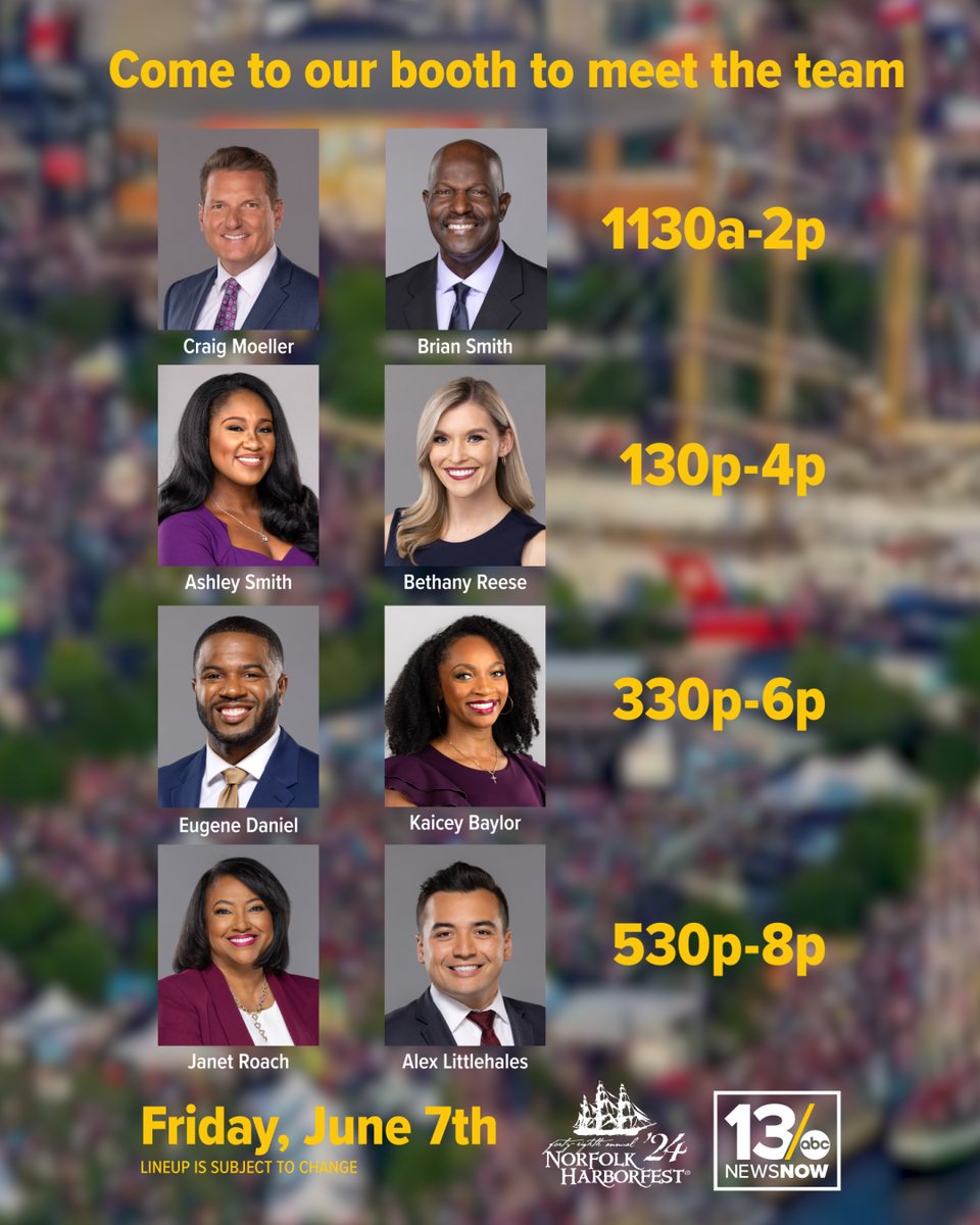 13NewsNow's tweet photo. MEET THE TEAM: Be sure to stop by 13News Now's booth at Harborfest this weekend. Here's when and where our reporters and anchors will be during the maritime festival. https://t.co/NoXC32cs9y