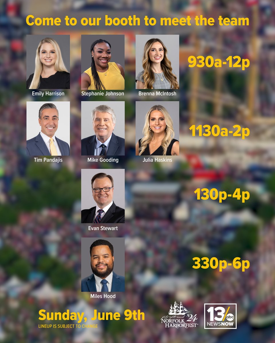 13NewsNow's tweet photo. MEET THE TEAM: Be sure to stop by 13News Now's booth at Harborfest this weekend. Here's when and where our reporters and anchors will be during the maritime festival. https://t.co/NoXC32cs9y