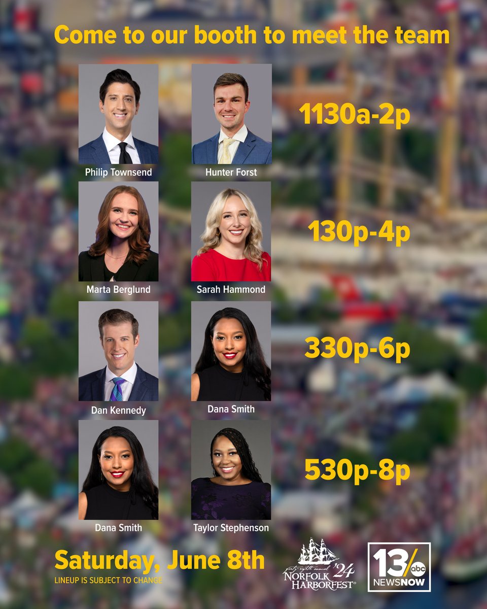 13NewsNow's tweet photo. MEET THE TEAM: Be sure to stop by 13News Now's booth at Harborfest this weekend. Here's when and where our reporters and anchors will be during the maritime festival. https://t.co/NoXC32cs9y