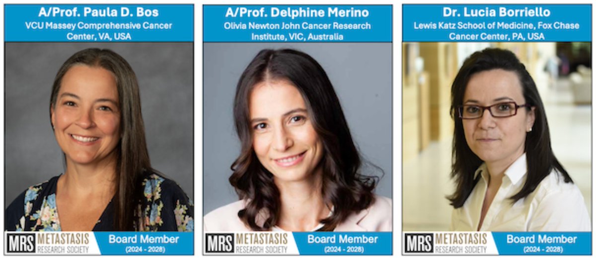 🎉🎉 The <a href="/MetastasisRS/">Metastasis Research Society</a> Board is pleased to announce the incoming Board Members for 2024-2028! 🎉🎉

Congratulations to Paula Bos <a href="/PaulaDBos/">Paula Bos</a> <a href="/VCUMassey/">VCU Massey Comprehensive Cancer Center</a>, Delphine Merino <a href="/delphine_merino/">Delphine Merino</a> <a href="/ONJCancerCentre/">ONJCancerCentre</a>, and Lucia Boriello <a href="/luciaborriell/">Lucia Borriello</a> <a href="/FoxChaseCancer/">Fox Chase Cancer Center</a>. 🧑‍🔬🔬🧬