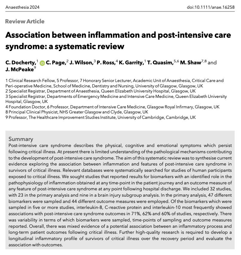 Anaes_Journal's tweet image. 🔓Association between inflammation and post-intensive care syndrome: a systematic review

@ChristieDocher1 @taraquasim @Jomcpeake22

#FreeForAWeek #medtwitter

🔗…-publications.onlinelibrary.wiley.com/doi/10.1111/an…