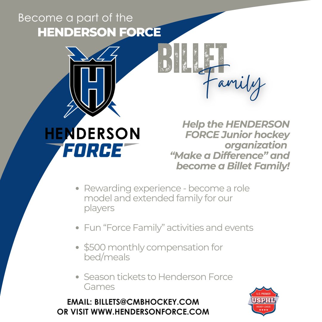 hendersonforce's tweet photo. Join the Henderson Force family as a billet host! Open your home for the season by providing room and board in exchange for $500/month. Your kindness will make a world of difference for a young athlete far from home. Sign up today ๐ https://t.co/kIQBtGLS2H
#UPSHL #JuniorHockey https://t.co/EOGZc2ggJG