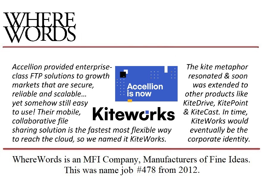 WhereWords's tweet image. #yeswenamedit @KiteWorks (FKA #Accellion) #KiteDrive #KitePoint #KiteCast #naming #branding #trademarks #corporateidentities #productnames #brandextensions #verbalbranding #stevethenamer #NAMEMAN #wherewords #rebranding #renaming #SaaS #venturecapital #startups #spinoffs #mergers