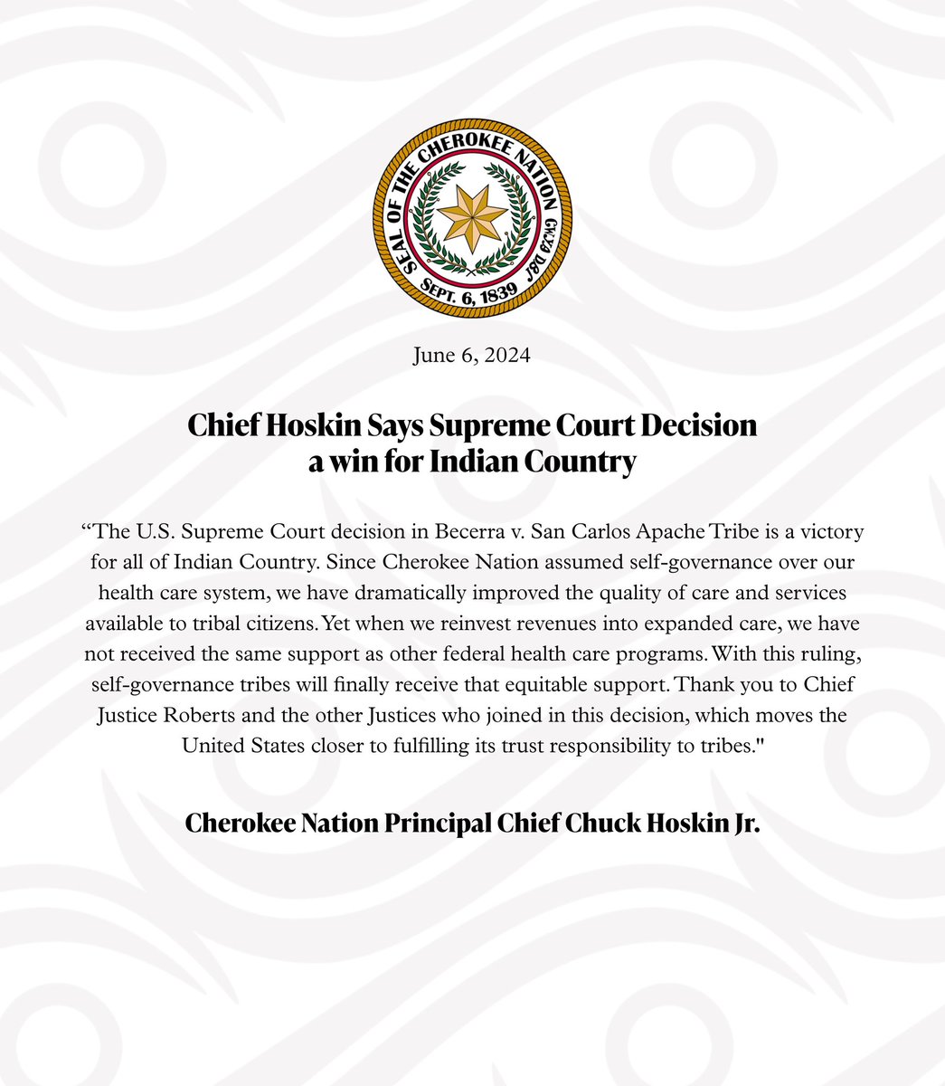 Cherokee Nation Principal Chief <a href="/ChuckHoskin_Jr/">Chief Chuck Hoskin, Jr.</a> says #SCOTUS decision a win for Indian Country.