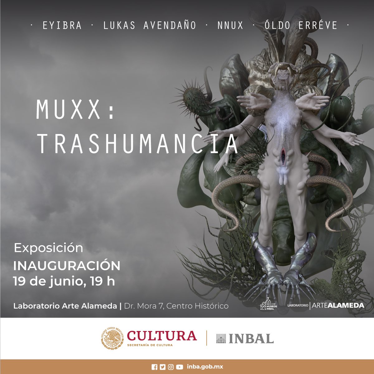 “MUXX: Trashumancia”
 
Primera exposición del colectivo de tecno artistas mexicanas Lukas Avendaño, Eyibra, Nnux y Óldo Erréve, quienes utilizan el performance, la música, el arte digital y la realidad virtual para explorar temas relacionados con el género y la biología.