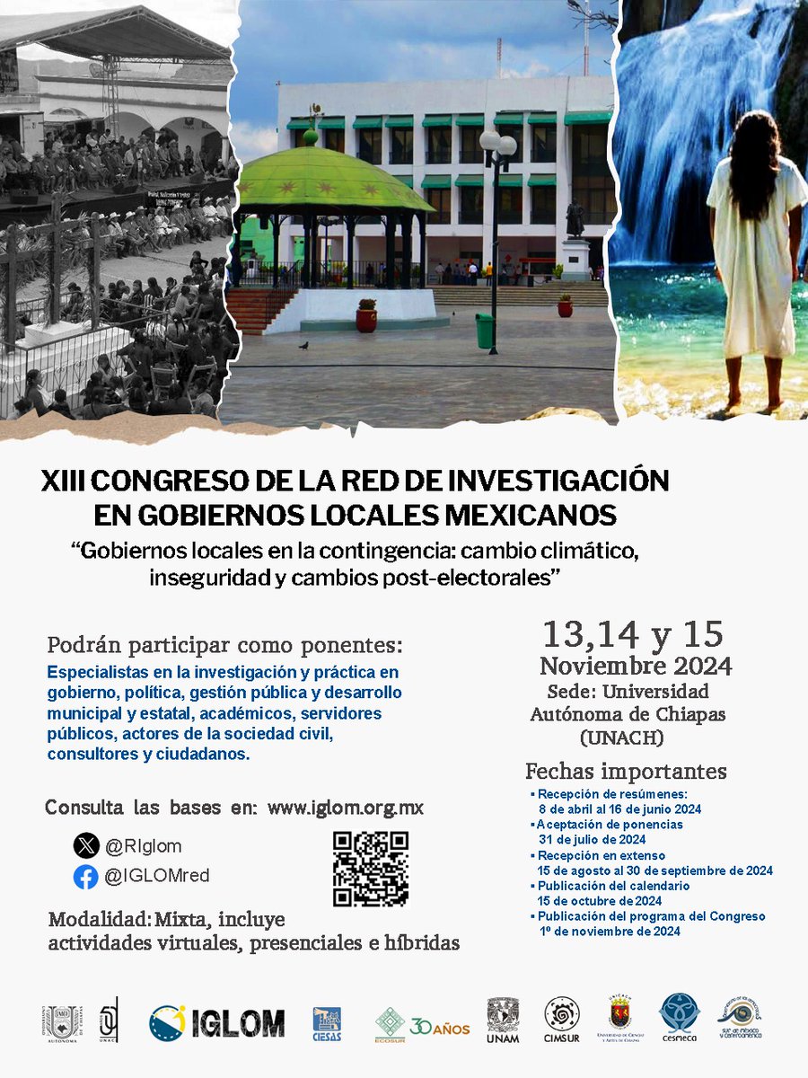 RIglom's tweet photo. ✏️INSCRIBE TU PONENCIA
pare el 
*XIII CONGRESO IGLOM*
“Gobiernos locales en la contingencia: cambio climático, inseguridad y cambios post-electorales”
13-15 nov, Tuxtla Gutiérrez Chis.

🔍Consulta los EJES TEMÁTICOS DEL CONGRESO en: https://t.co/mPkRblpFJm https://t.co/robKZPUVbx