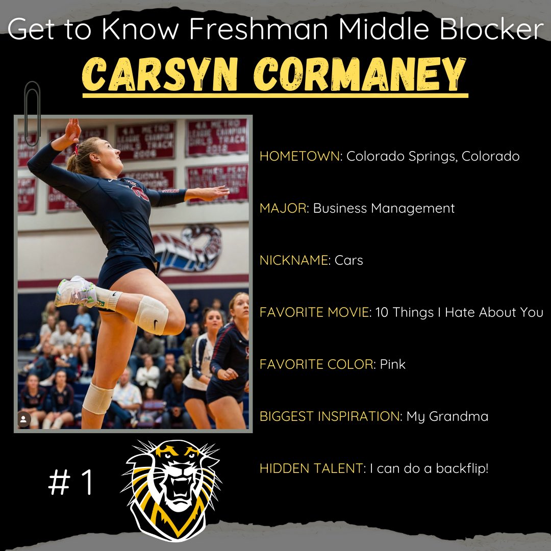 fhsuvb's tweet photo. All about —> CARSYN CORMANEY!!!🐯🖤🏐💛

Fun Fact: Carsyn’s favorite song is Damaged Goods by Flatland Cavalry!

We are so excited to have you in our Tiger Family!!🖤💛
#fhsuvb #defendthefort #freshman https://t.co/r24ntfs1RB