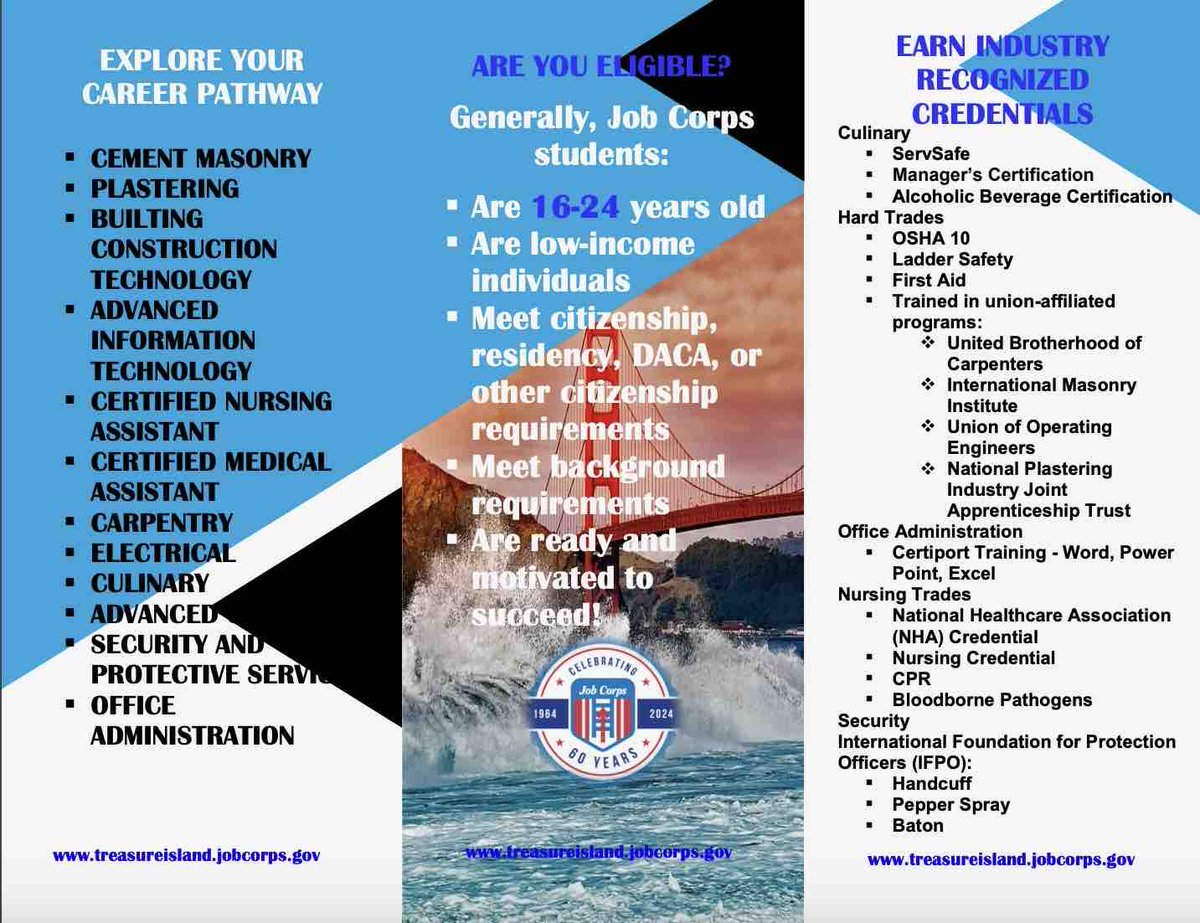 BYAmedia's tweet photo. Treasure Island Job Corps! 

-  Job Training 
- GED/ High School Courses 
- Career Coaching &amp; Job Replacement 
- 100% Free Tuition 

Get started today by going to https://t.co/t8xwscvOSd or calling admissions 415.352.2473 

“Careers begin here” https://t.co/rbeIoJA9rd