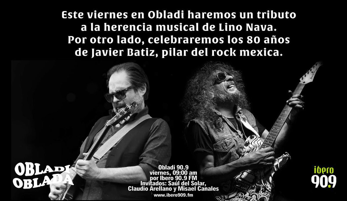 Este viernes en Obladi, recordaremos al guitarrista mexicano Lino Nava y celebraremos los 80 años recién cumplidos de Javier Bátiz.
<a href="/obladi_909/">Obladi 909</a> con <a href="/JuliaPalacios/">Julia Palacios</a> <a href="/eldeldemo/">Juanito el del demo</a> <a href="/MisanrolL/">Misael Canales</a>, <a href="/calsetinesrotos/">Saulitros Del Solar</a> y Claudio Arellano.
Por <a href="/Ibero909FM/">Ibero 90.9 FM</a>