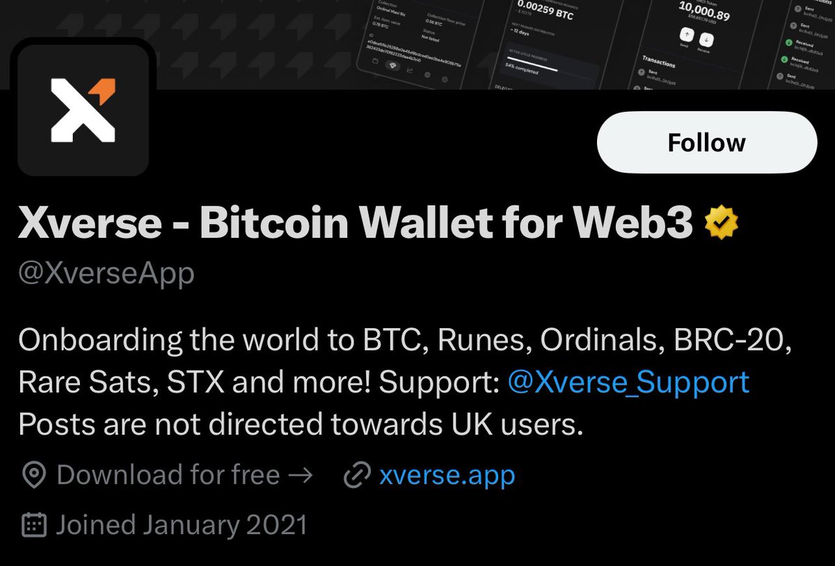 PacksCorps's tweet photo. @btcDane @Xverse_Support @xverse Also mentions @Xverse_Support in the @xverse Bio.. confirm it too please? Did you find a solution otherwise? I am really hoping there is a way to help my friend who lost.. https://t.co/G0Q1Zp42xp