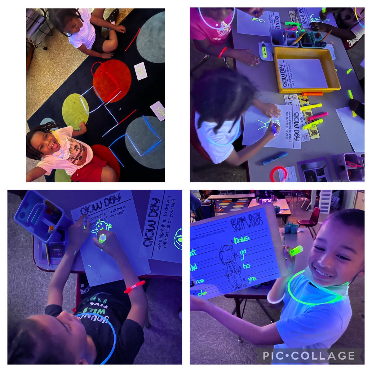 ErinDent_'s tweet photo. We had so much fun with our glow day today!! Writing and building glowing sight words and drawing a glowing self portrait 🌟 @flesbcps https://t.co/GiamiFm7ba