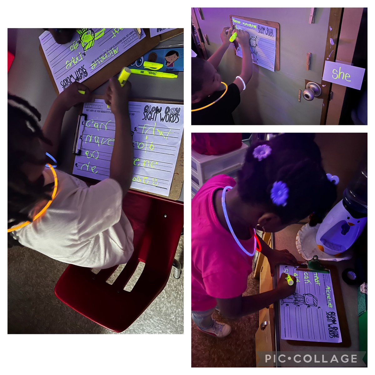 ErinDent_'s tweet photo. We had so much fun with our glow day today!! Writing and building glowing sight words and drawing a glowing self portrait 🌟 @flesbcps https://t.co/GiamiFm7ba