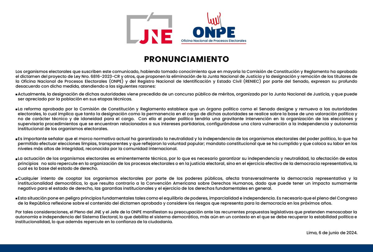 ONPE_oficial's tweet photo. URGENTE: PRONUNCIAMIENTO @ONPE_oficial y @JNE_Peru sobre dictamen aprobado en Comisión de Constitución respecto a la eliminación de la @JNJPeru y la designación y remoción de los titulares de la ONPE y Reniec por parte del Senado. https://t.co/0Ai9E4hEkM