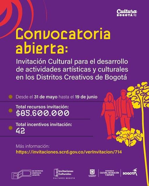 Dirigida a artistas de áreas como música, danza, arte dramático y circo, incentivando su participación en actividades y eventos respaldados por la Red de los Distritos Creativos de Bogotá.
culturarecreacionydeporte.gov.co/es/principal/n…
