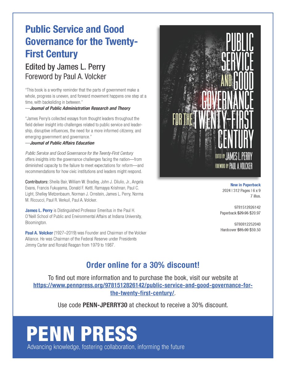 James L. Perry (@jlperryspea) on Twitter photo Public Service and Good Governance for the Twenty-first Century (Penn Press, 2020) now in paperback. <a href="/VolckerAlliance/">The Volcker Alliance</a> <a href="/IUONeill/">O'Neill School of Public and Environmental Affairs</a> <a href="/napawash/">NAPA</a> <a href="/ASPANational/">ASPA National</a> Public Service and Good Governance for the Twenty-first Century (Penn Press, 2020) now in paperback. <a href="/VolckerAlliance/">The Volcker Alliance</a> <a href="/IUONeill/">O'Neill School of Public and Environmental Affairs</a> <a href="/napawash/">NAPA</a> <a href="/ASPANational/">ASPA National</a>