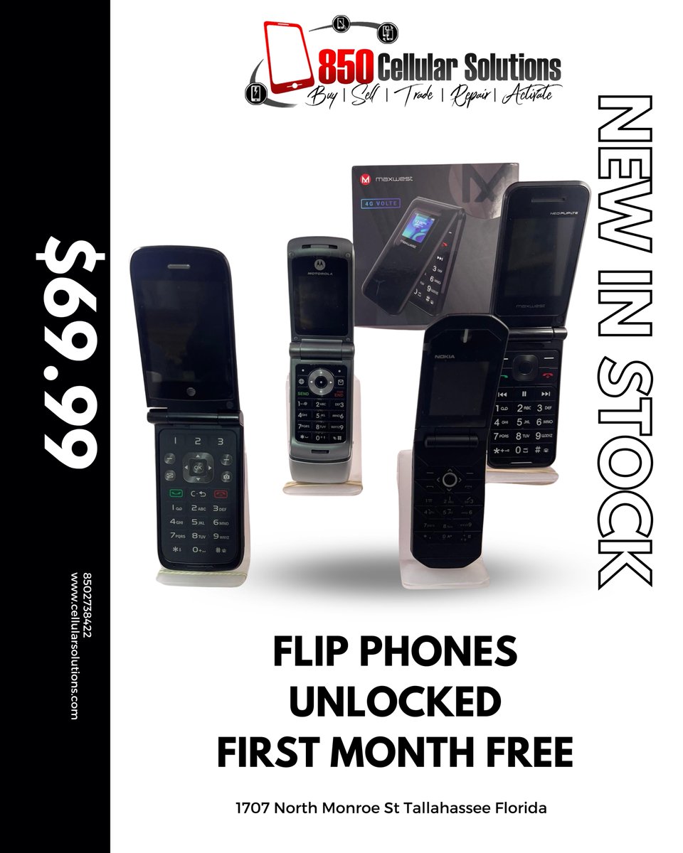850Cellular's tweet image. Upgrade to simplicity! Unlocked flip phones now available for just $69.99 at 850 Cellular Solutions. Stay connected hassle-free. Visit us today!
📍1707 North Monroe, Tallahassee, FL, 32303
📷(850) 273-8422
📷Mon-Fri 10AM-6PM, Sat 12NN-4OM
#UnlockedFlipPhones #SimpleTech