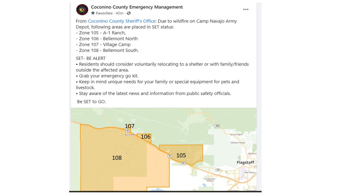 Due to a wildfire on Camp Navajo several locations west of Flagstaff are in SET status meaning be ready to evacuate. Read below for more details or head to the following link: coconinocounty.maps.arcgis.com/apps/instant/s…