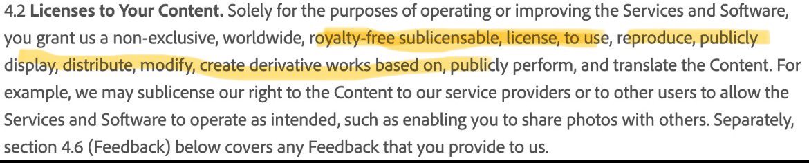 codemiko's tweet image. HOLY SH**t . This is absolute BONKERS. Adobe’s new terms of service (that forces you to agree or your locked out of your Adobe products) not only lets Adobe access to your private content (I bet to train more ai data) but also gives them a license for them to reproduce and…