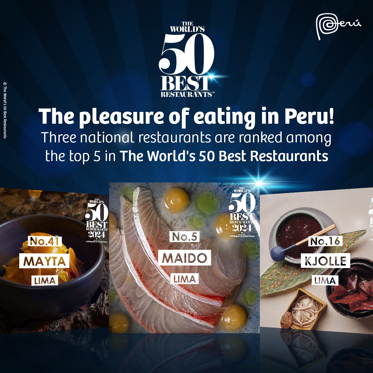 peru's tweet photo. Great news! 🇵🇪🔝 Besides ranking top 5, #Maido was also chosen the Best Restaurant in South America 2024 by @TheWorlds50Best. Discover what other recognitions #Peru obtained at this prestigious gala that celebrates gastronomy worldwide👉https://t.co/pF50mr6tCl 

#MarcaPerú https://t.co/uPrYi9wFP2