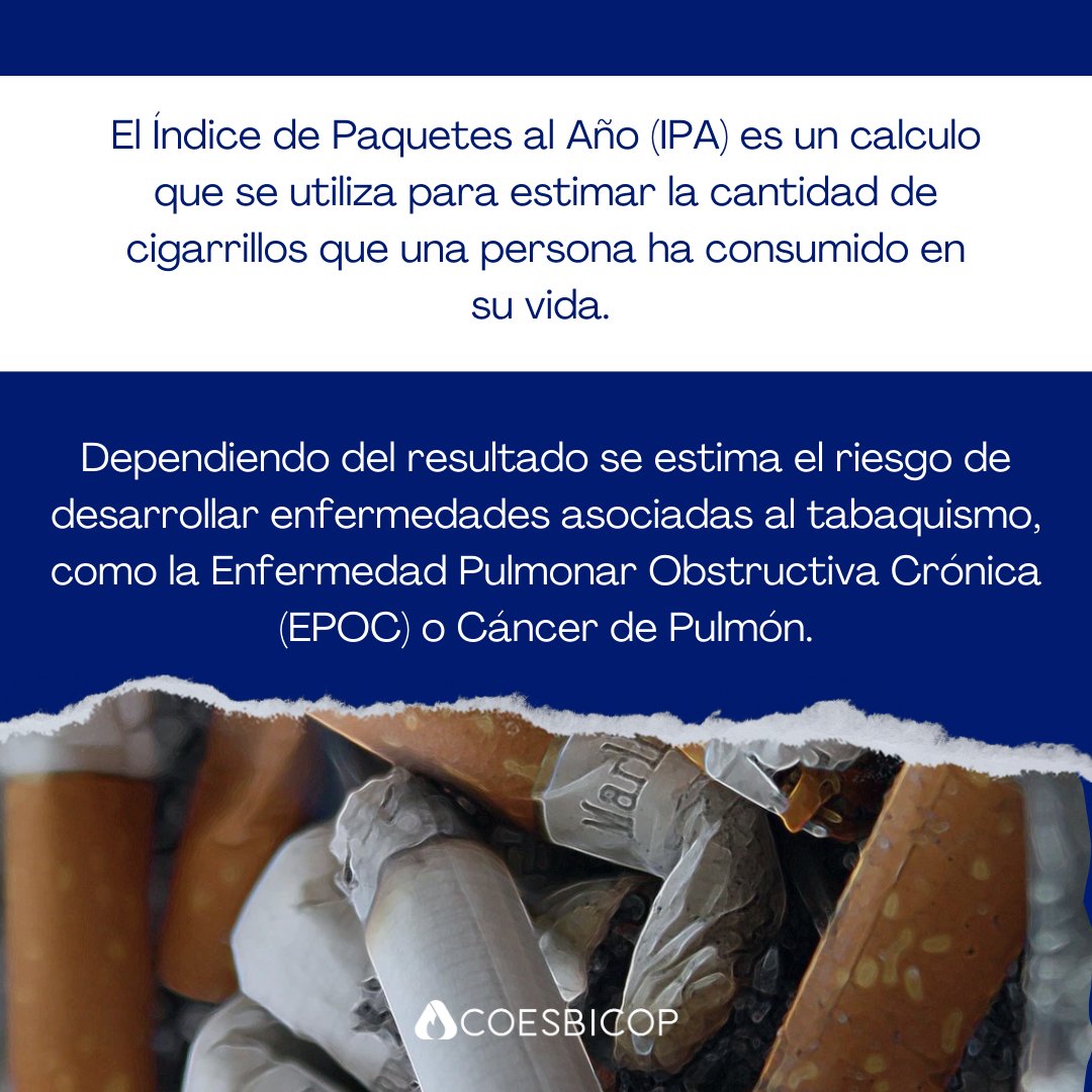 coesbicop's tweet photo. ¿Sabes qué es el IPA y para qué se utiliza?
El Indice Paquetes-Años (IPA) es un fórmula utilizada en medicina para medir el riesgo que de presentar una enfermedad pulmonar.
“Libérate del humo y abraza el aire puro”
#IPA #IndicePaquetesAños 
#Tabaquismo #SaludPulmonar #COESBICOP https://t.co/fQrTQYRV2y