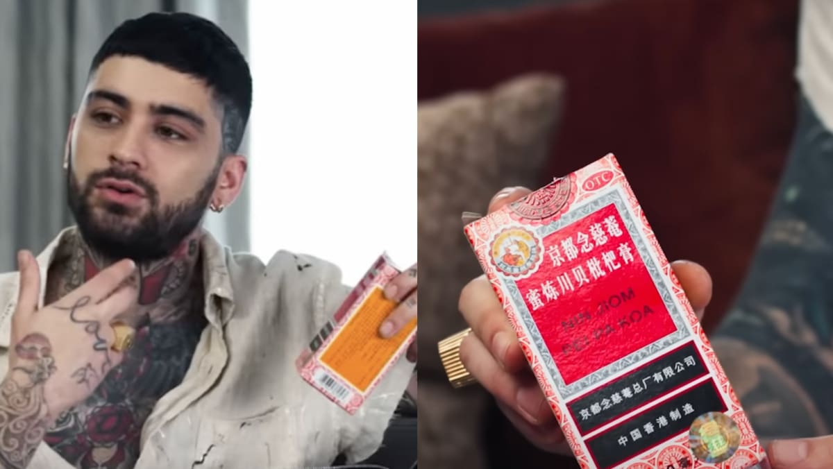 ChannelNewsAsia's tweet photo. Singer Zayn Malik reveals he brings a bottle of Pei Pa Koa with him everywhere: 'Good for your vocal chords' https://t.co/vow6tZf59l https://t.co/tsde7yKXoo