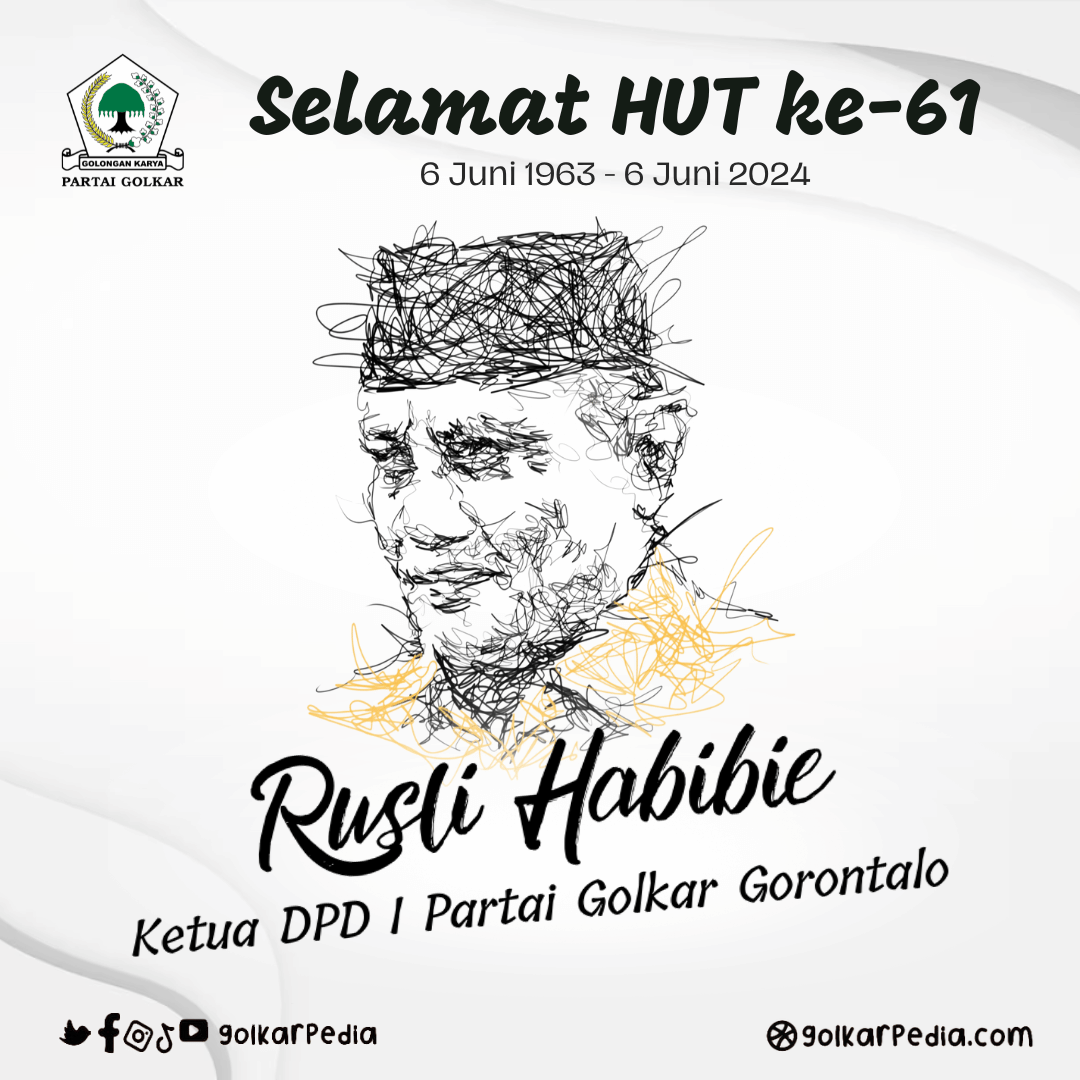 Segenap Kader Muda Partai Golkar dan Redaksi Golkarpedia Mengucapkan: 

Selamat HUT Ke-61
Rusli Habibie
Ketua DPD I Partai Golkar Gorontalo

6 Juni 1963 - 6 Juni 2024
Doa Terbaik Dari Kami
Semoga Sehat Selalu

#partaigolkar #golkarindonesia
#airlanggahartarto #golkarpedia