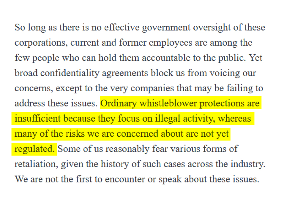 Current and former OpenAI and Google DeepMind employees sign open letter warning of AI risks, insufficient whistleblower protections and the  threat of retaliation: righttowarn.ai