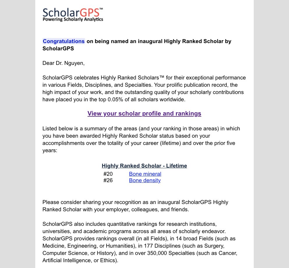 A few weeks ago, I received an email from ScholarGPS, a platform I was not familiar with until then, notifying me that I had been named a "Highly Ranked Scholars™ - Lifetime". What a delightful recognition.