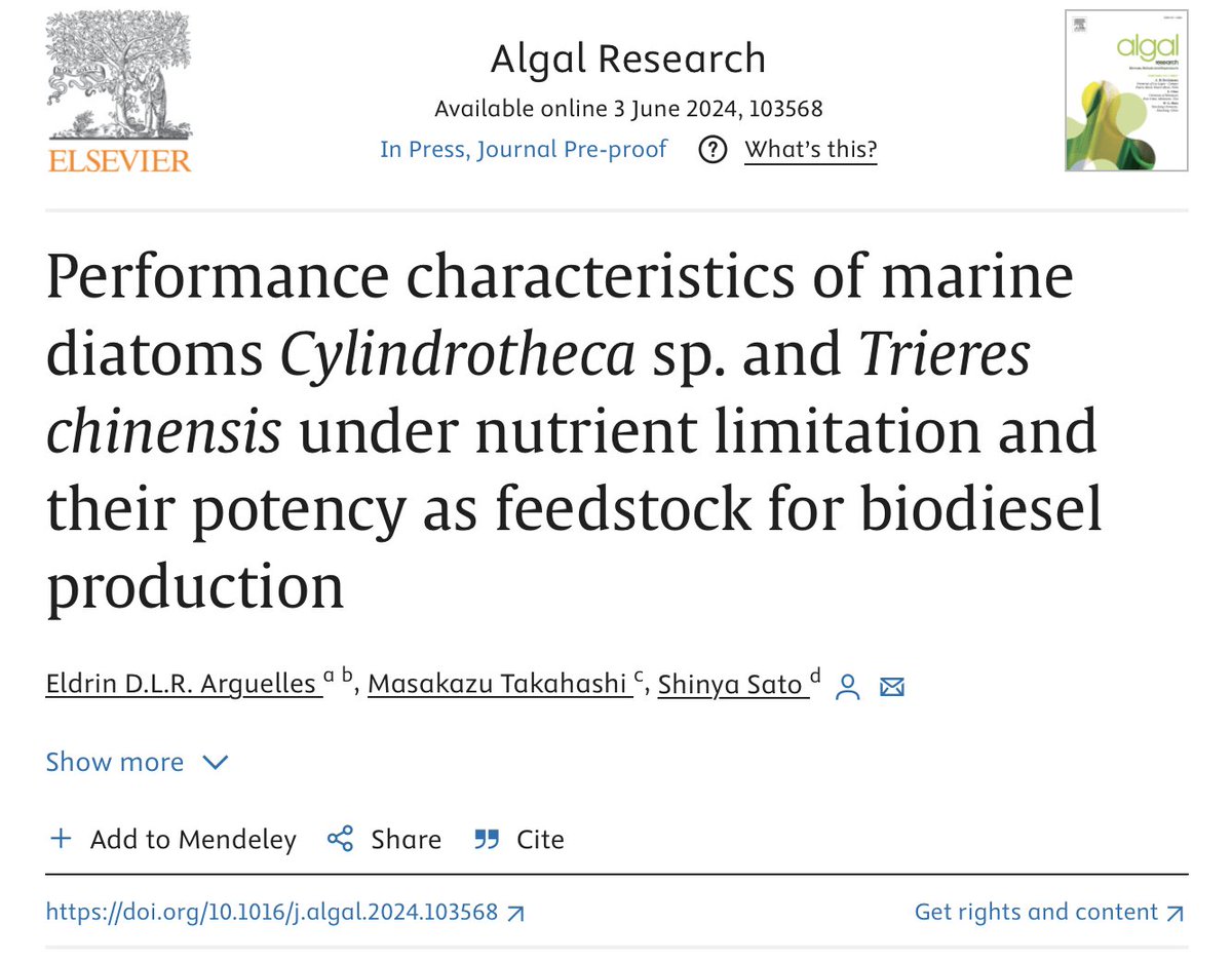 eldrinarguelles's tweet image. Our recent publication explore how marine diatoms Cylindrotheca sp. &amp;amp; T. chinensis show promise as biodiesel feedstocks with high lipid yields and ideal fuel properties. 🌊💡 #Biodiesel #RenewableEnergy #Microalgae #SustainableFuel

doi.org/10.1016/j.alga…