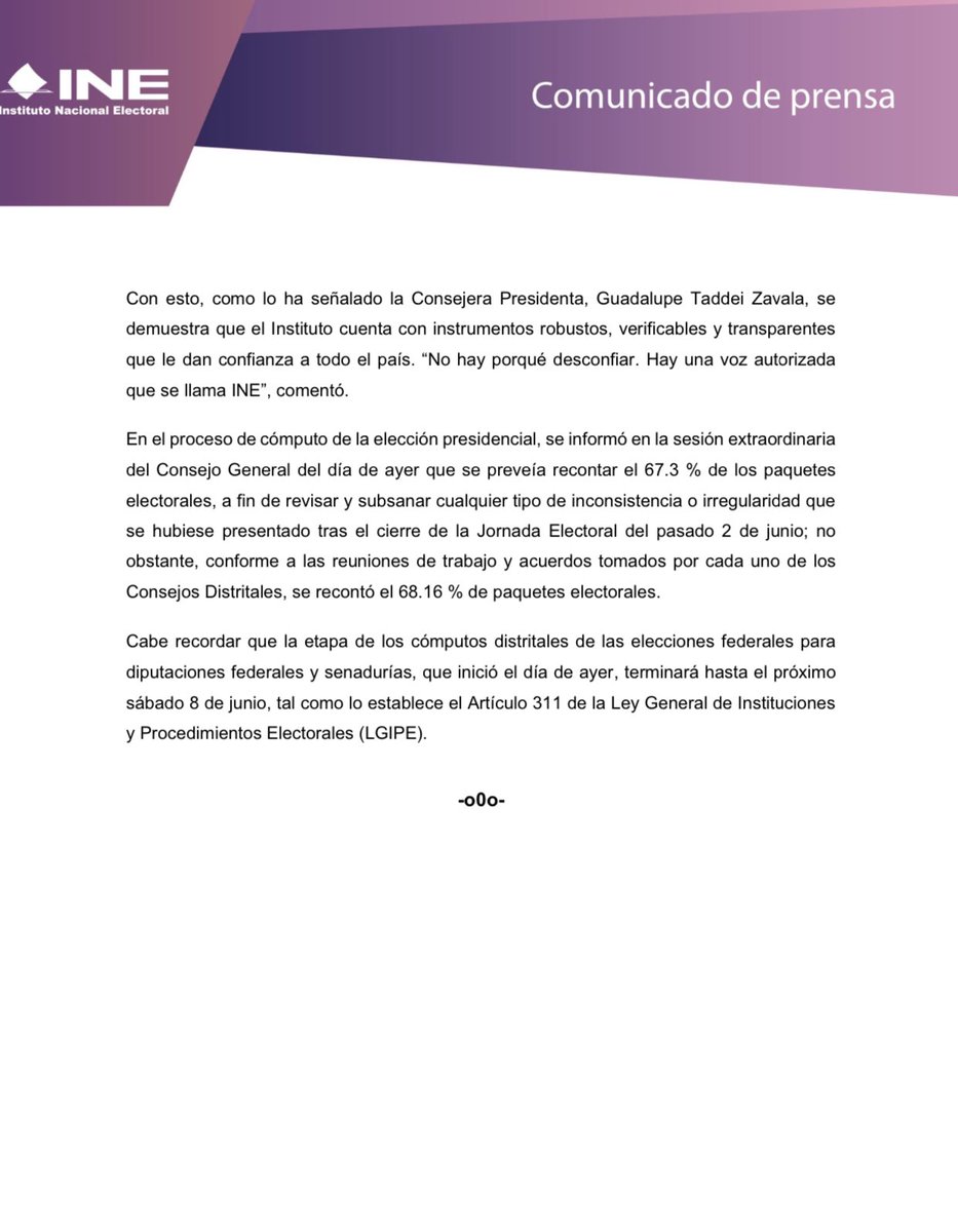 📑 #BoletínINE | Destaca <a href="/INEMexico/">@INEMexico</a> consistencia y coincidencia entre los resultados del #ConteoRápido, #PREP y #CómputosDistritales en la elección
presidencial tinyurl.com/3us8458w