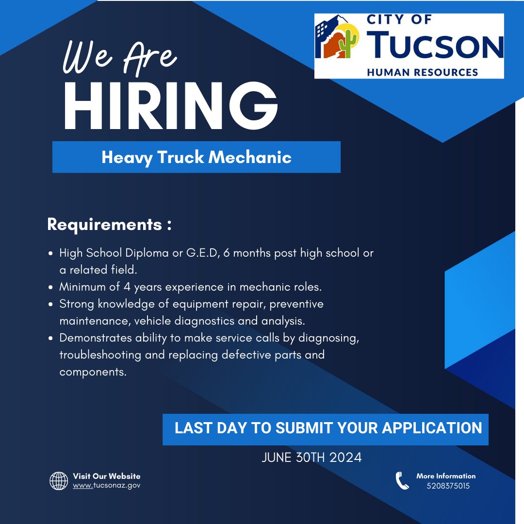 🚚🔧 Join the City of Tucson as a Heavy Truck Mechanic! We're looking for skilled mechanics to perform maintenance and repairs on our heavy vehicles and equipment!

Apply before Sunday, June 30 📆

Application Link > bit.ly/HeavyTruckMech…